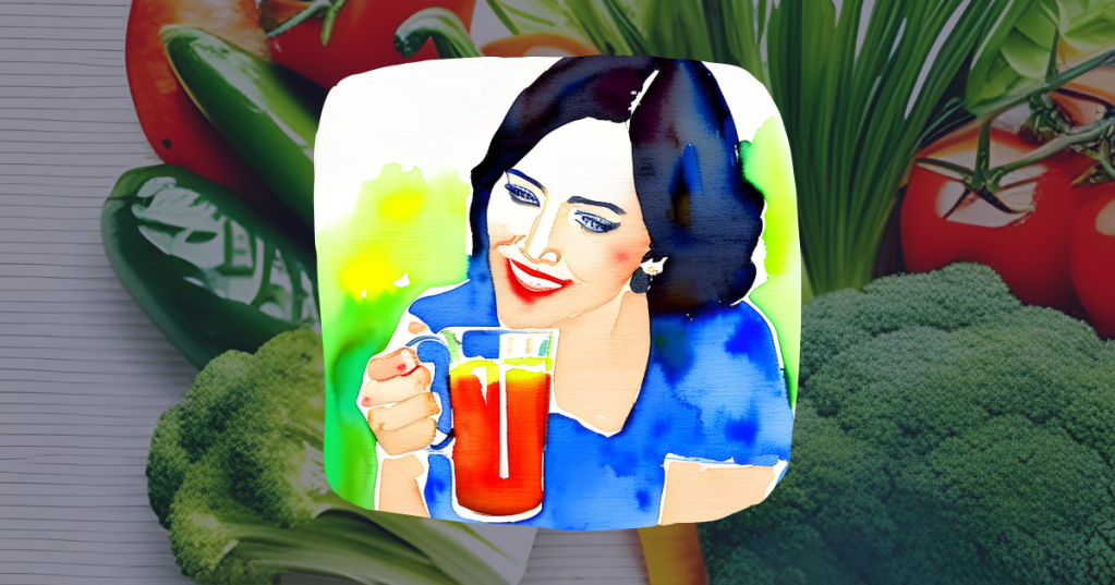 Watercolor illustration of a smiling woman enjoying a cup of vegetable juice, with a vegetable medley background.